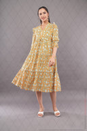FELRIO Meadow Bloom Tiered Midi Dress – Mustard Floral