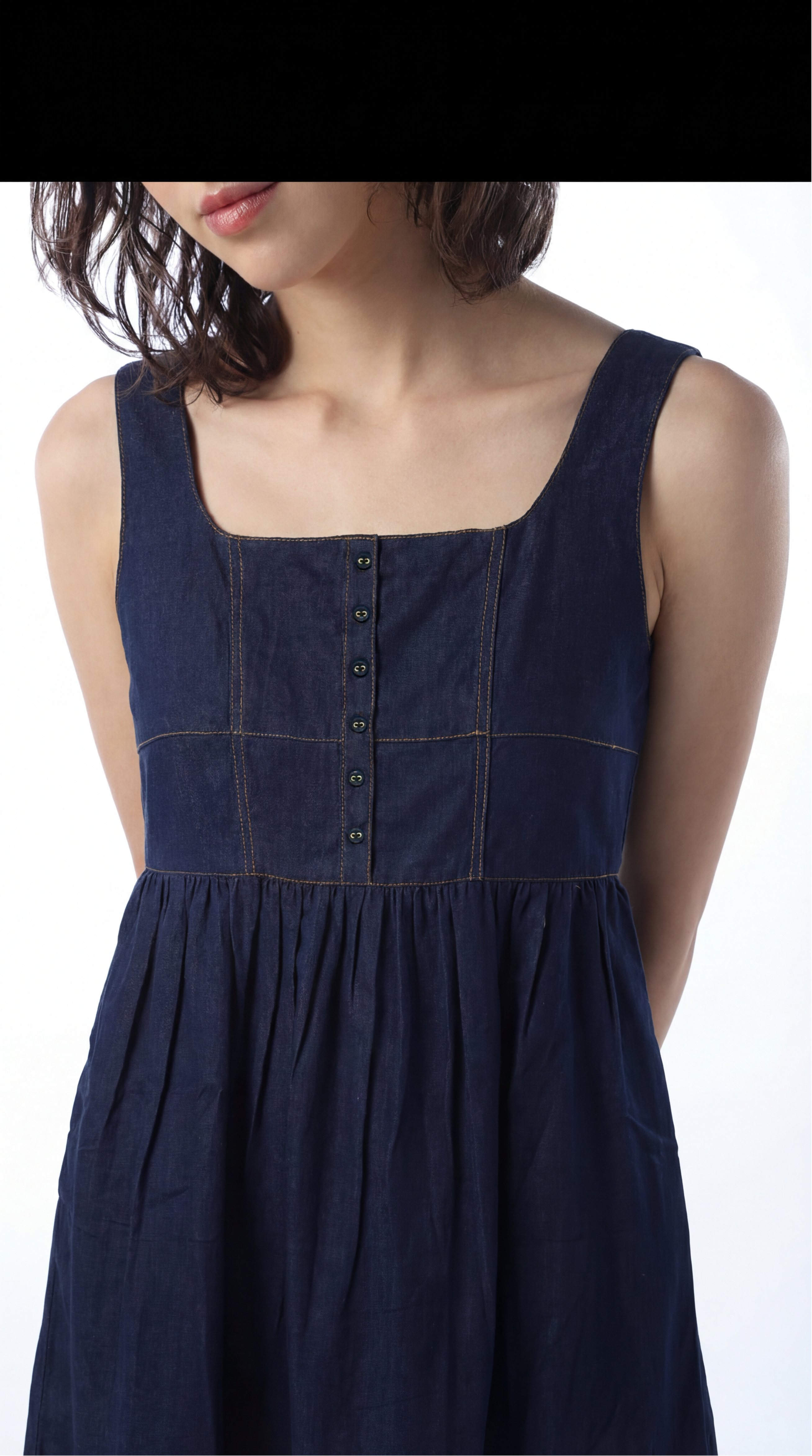 Navy Denim-Look Cotton Midi Dress