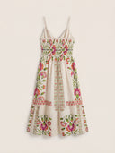 Coastal Bloom Linen Floral Cream Midi Dress