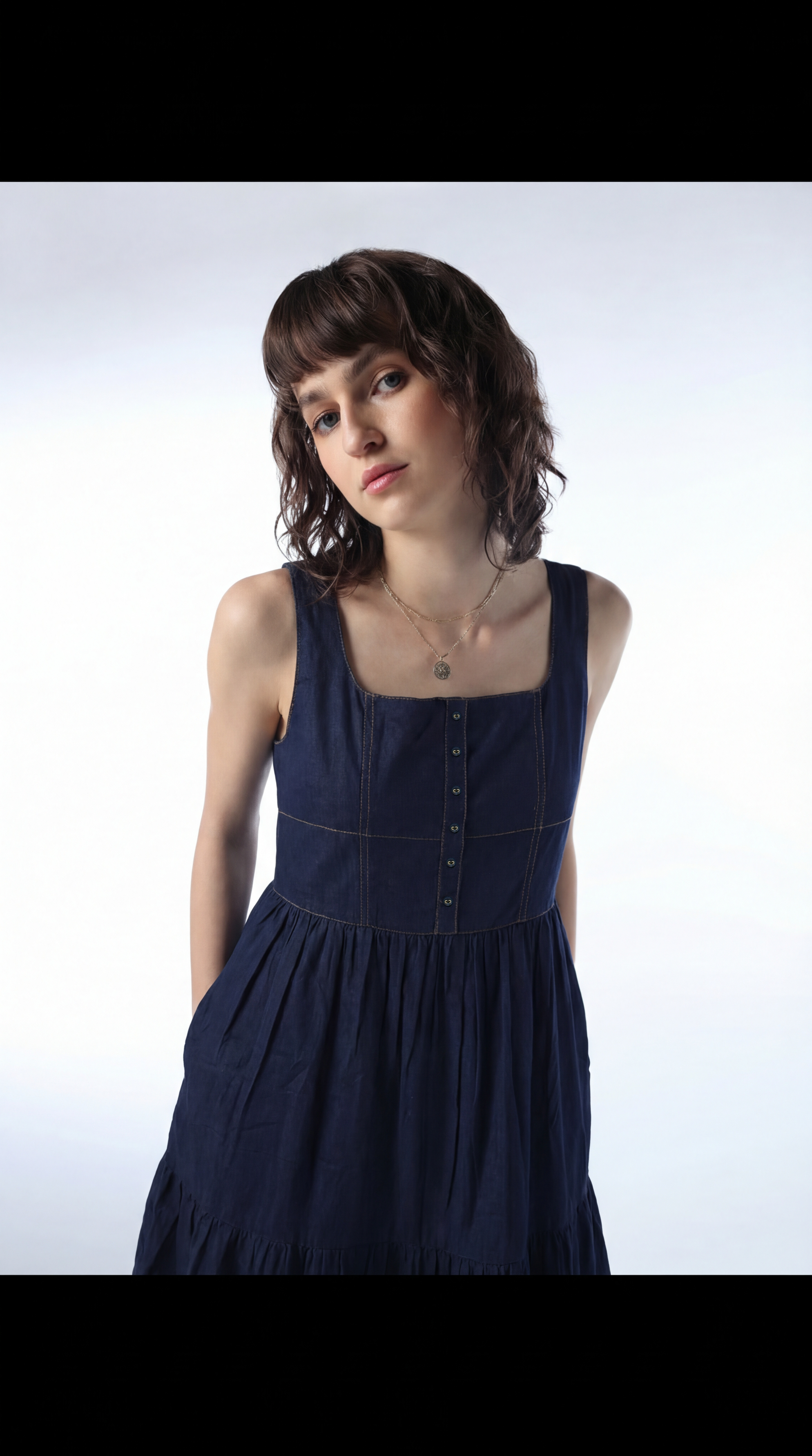 Navy Denim-Look Cotton Midi Dress