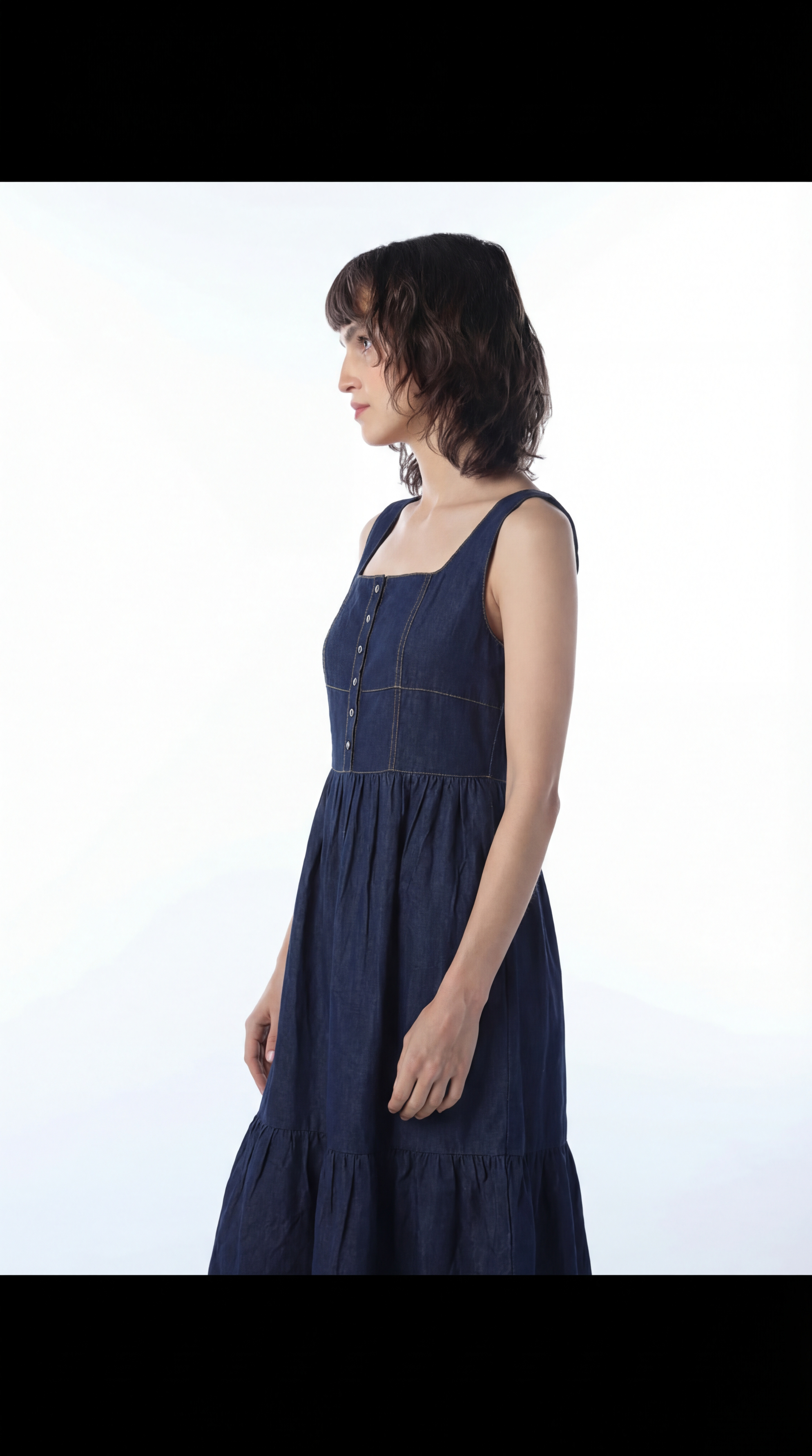 Navy Denim-Look Cotton Midi Dress