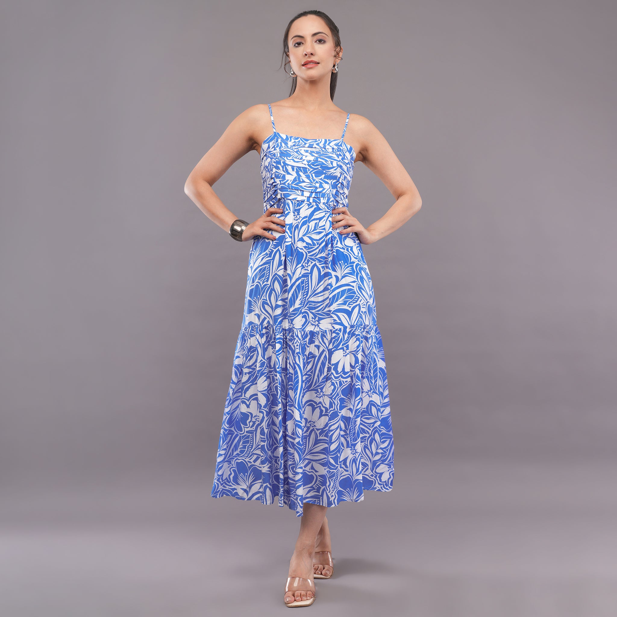 Azure Bloom Cotton Midi Dress  Sky Blue