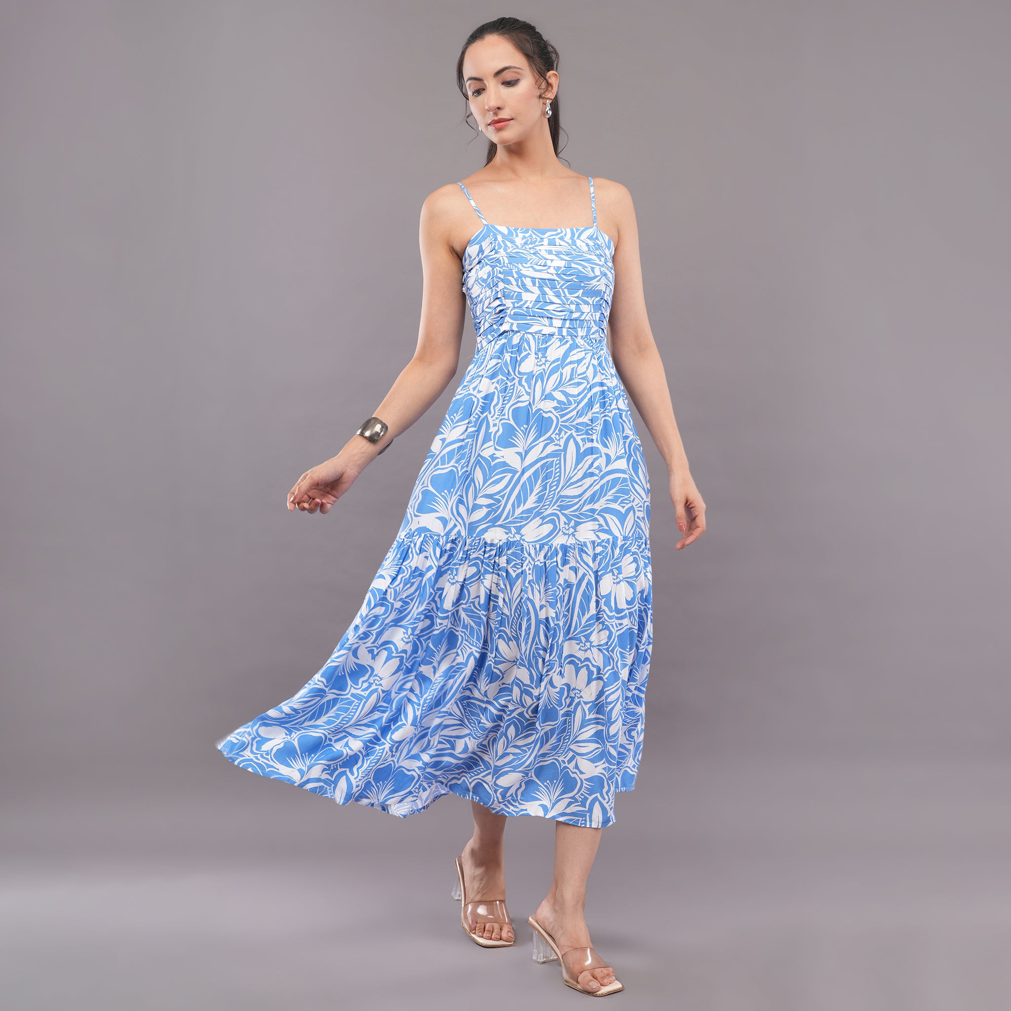 Azure Bloom Cotton Midi Dress  Sky Blue