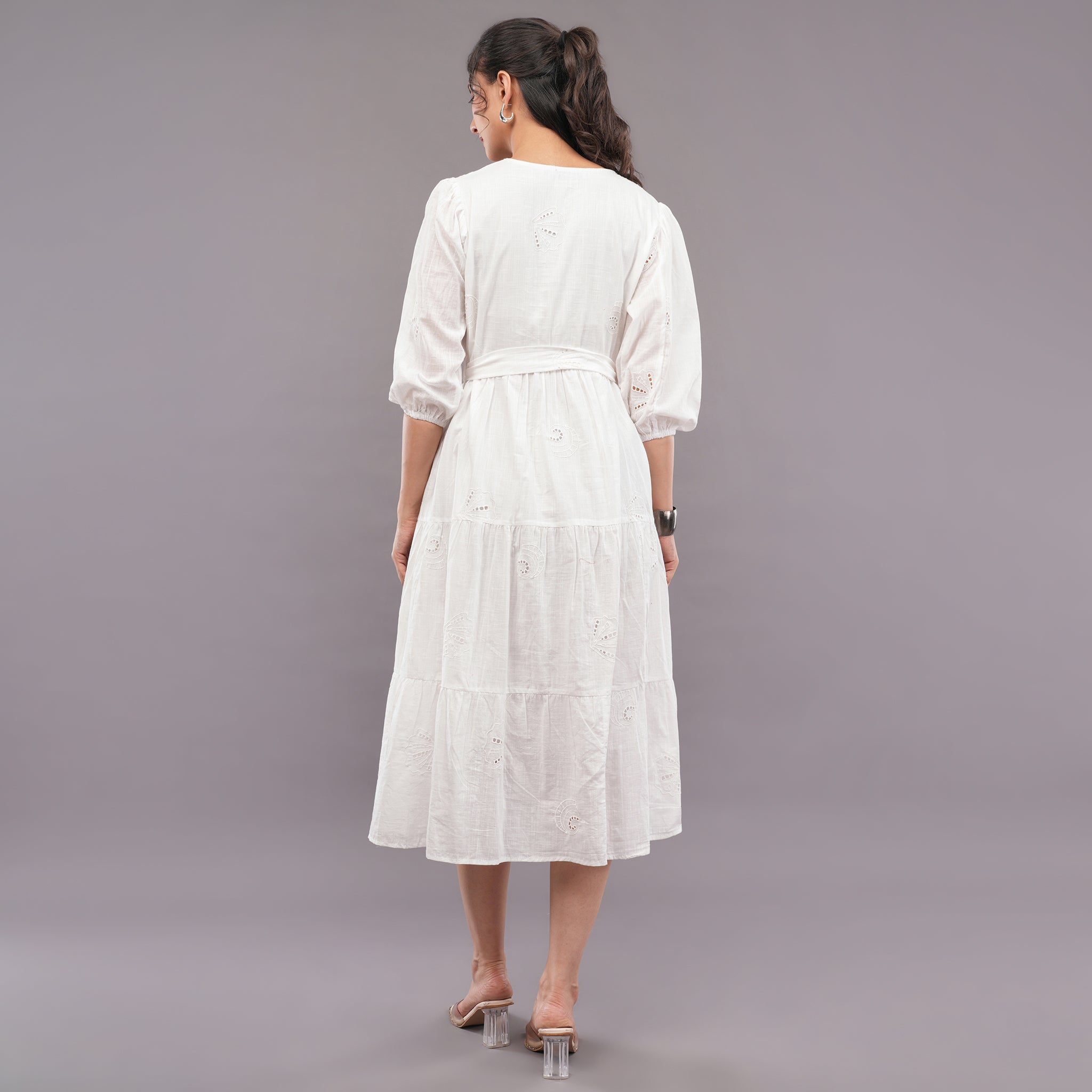 Chikan Tie-Waist Dress Lavender white