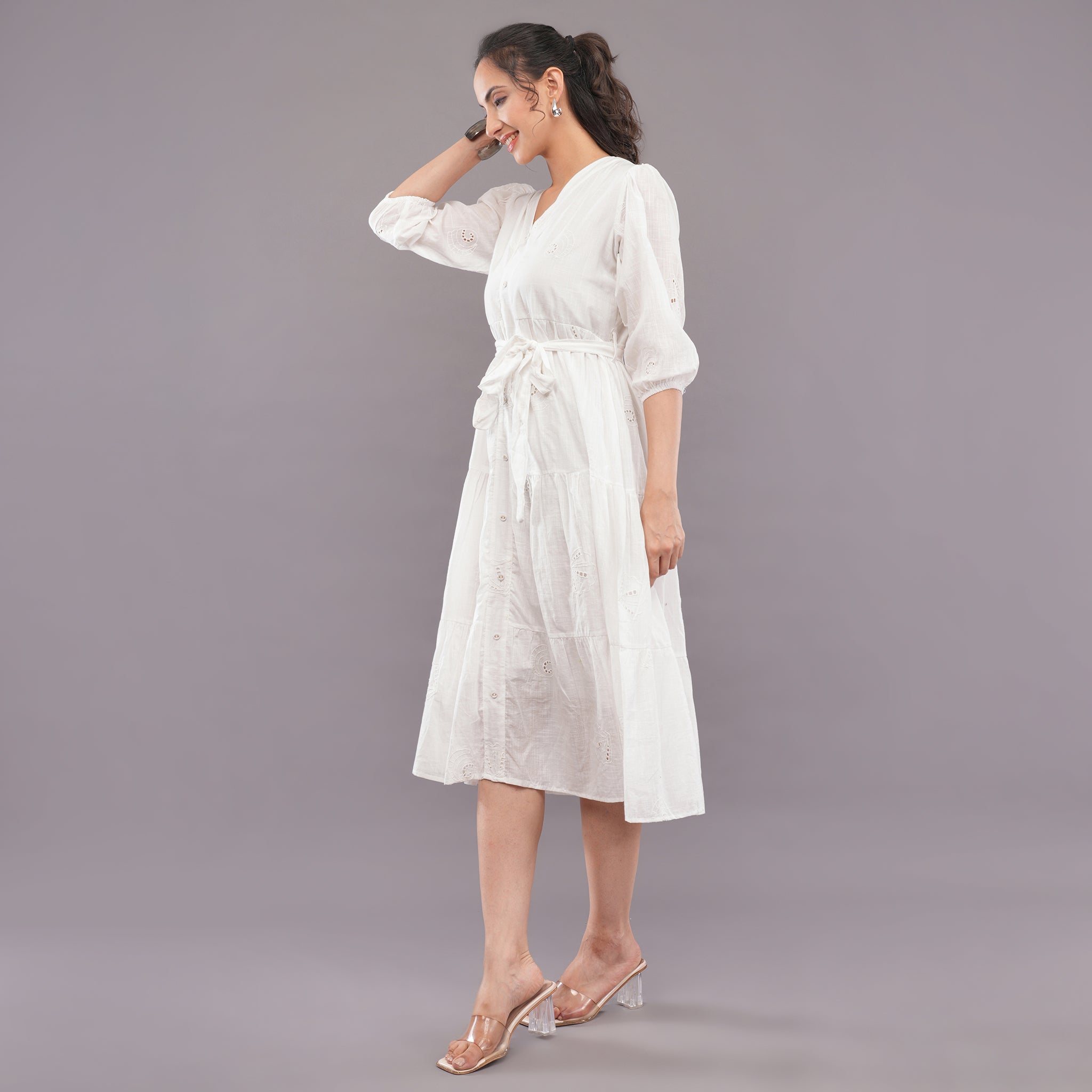 Chikan Tie-Waist Dress Lavender white