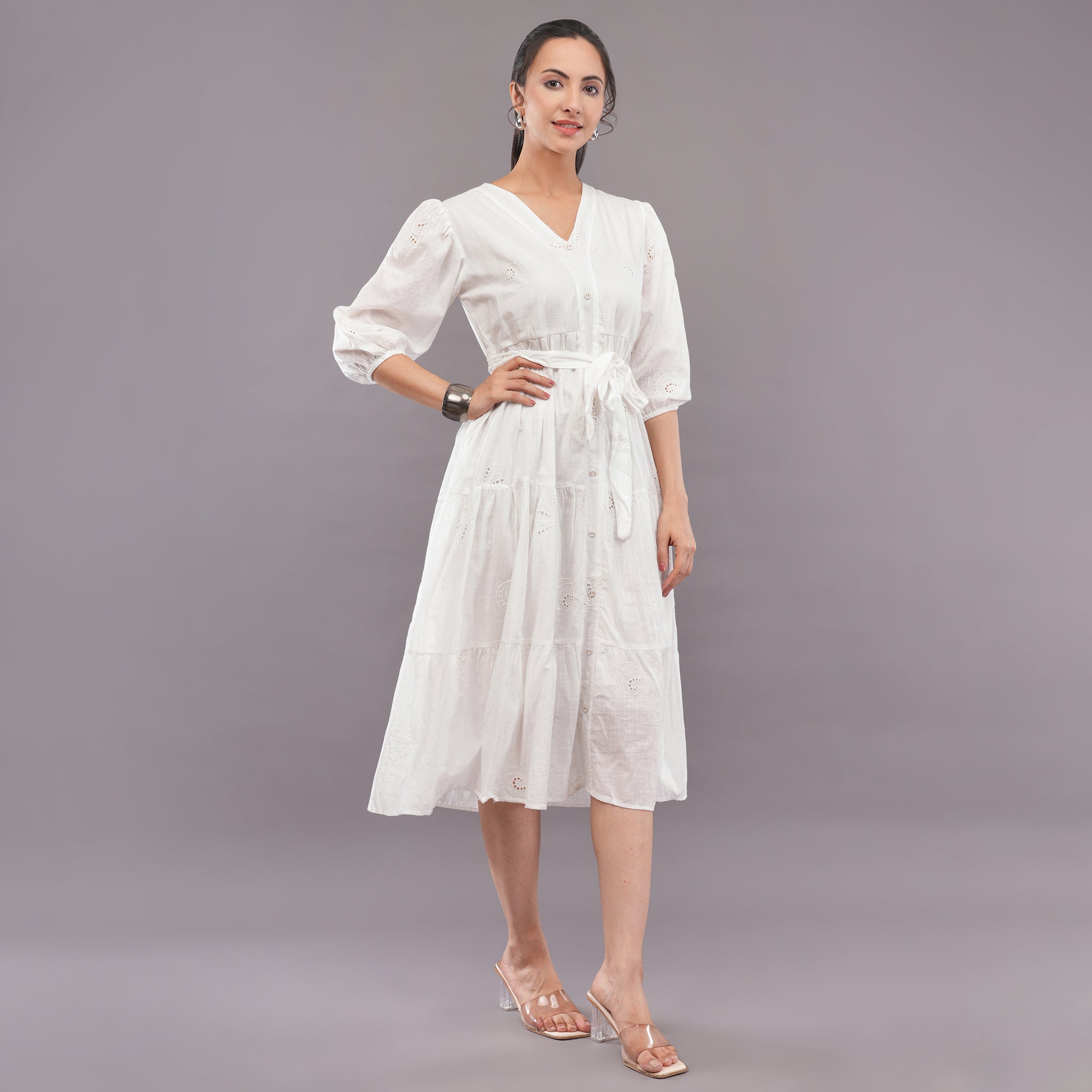 Chikan Tie-Waist Dress Lavender white