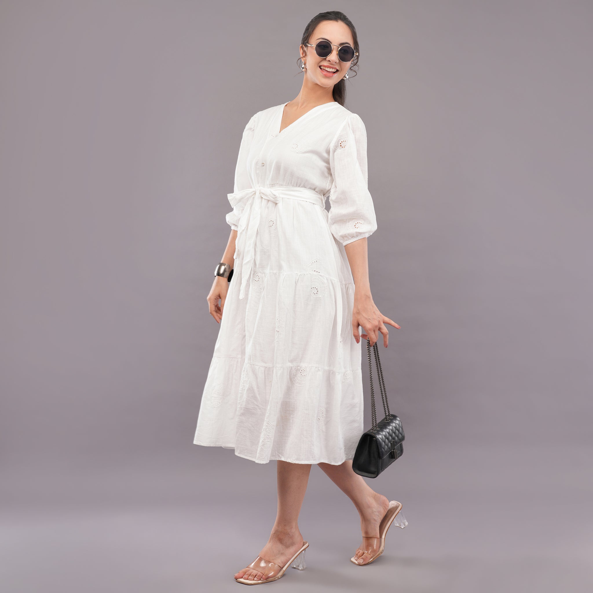 Chikan Tie-Waist Dress Lavender white