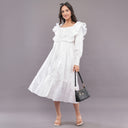 Ruffle Rayon Cotton Midi Dress –White