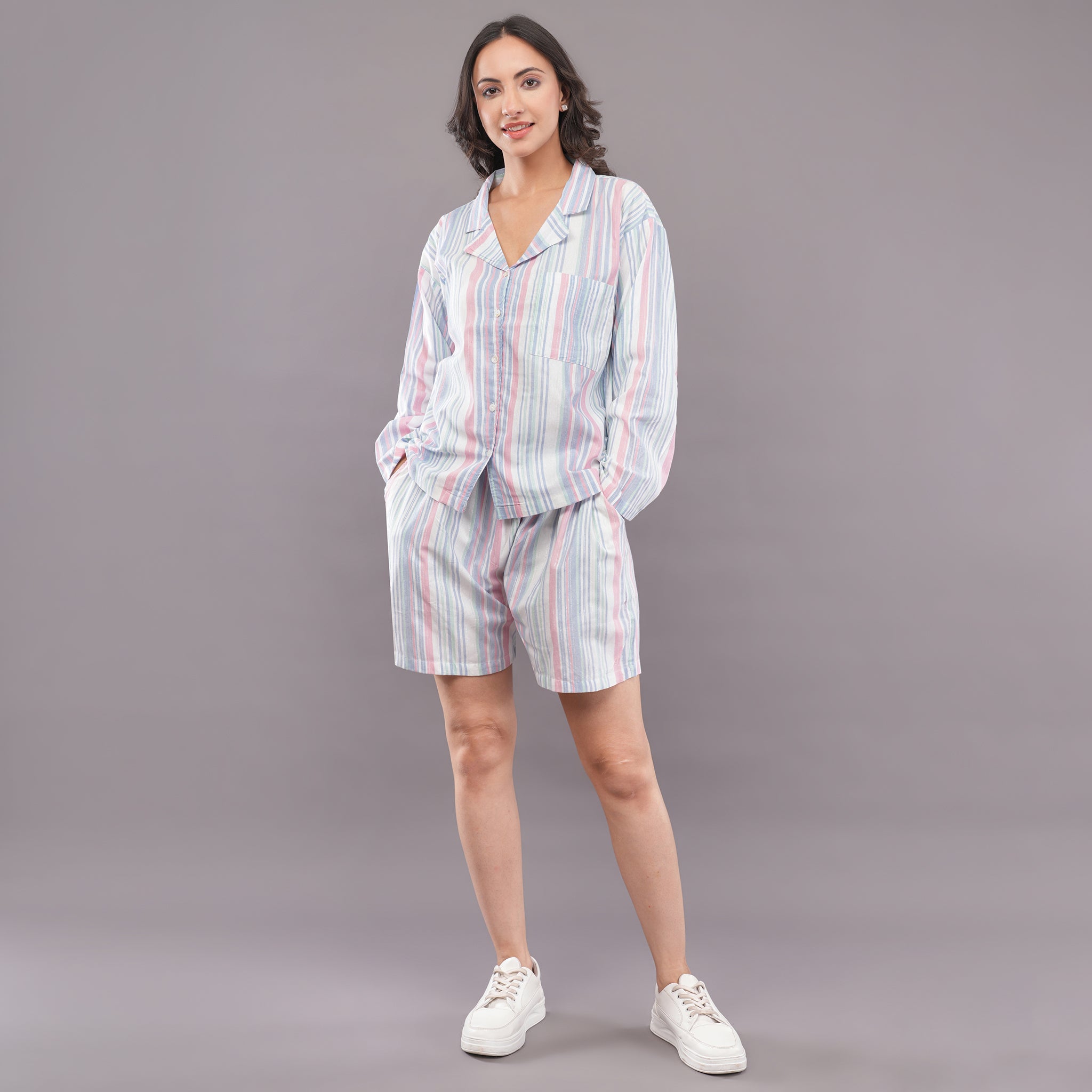 Candy Stripe Cotton Lounge Co-ord Set – Pastel Pink