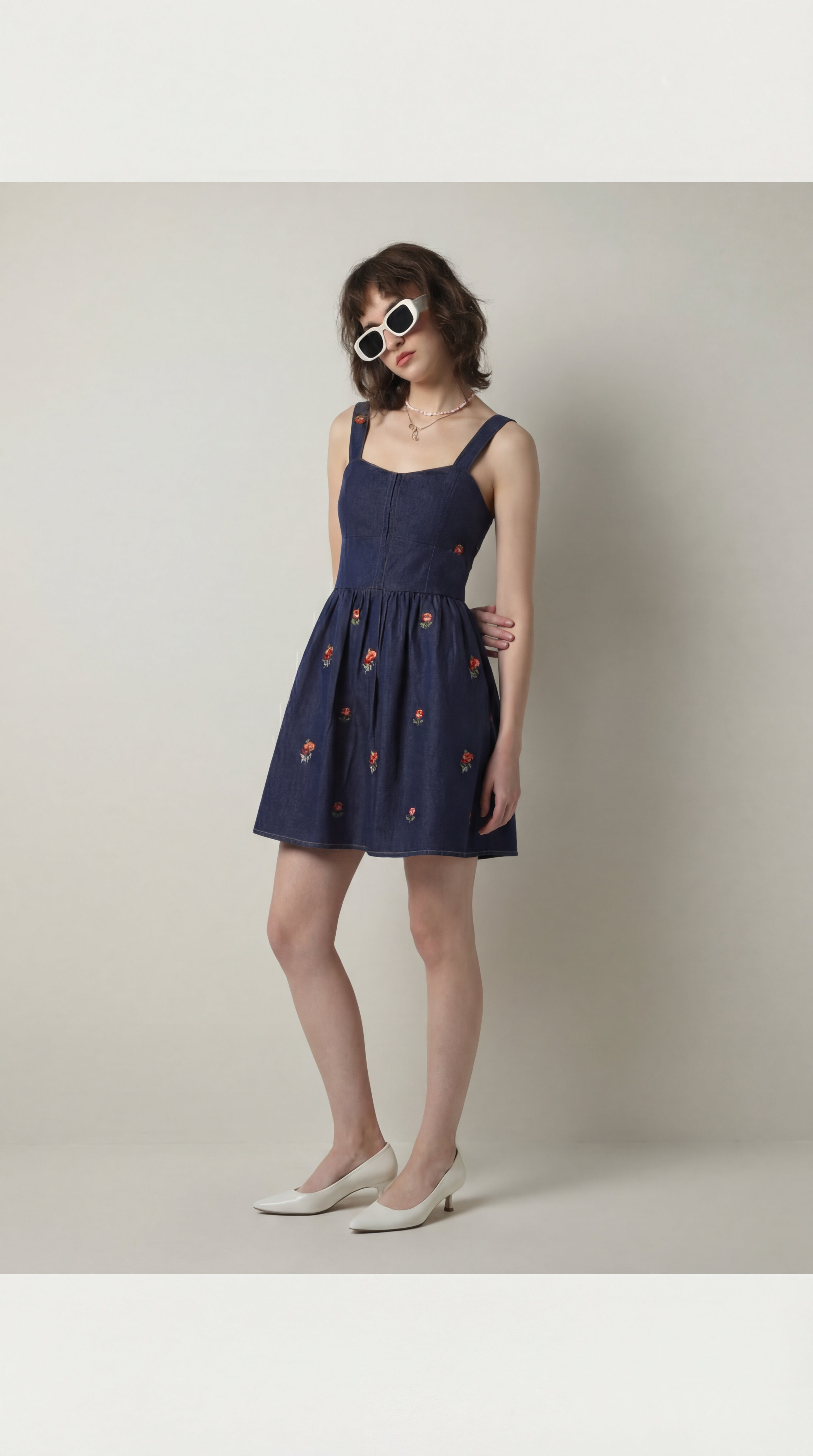 DENIM EMBROIDERED MINI DRESS