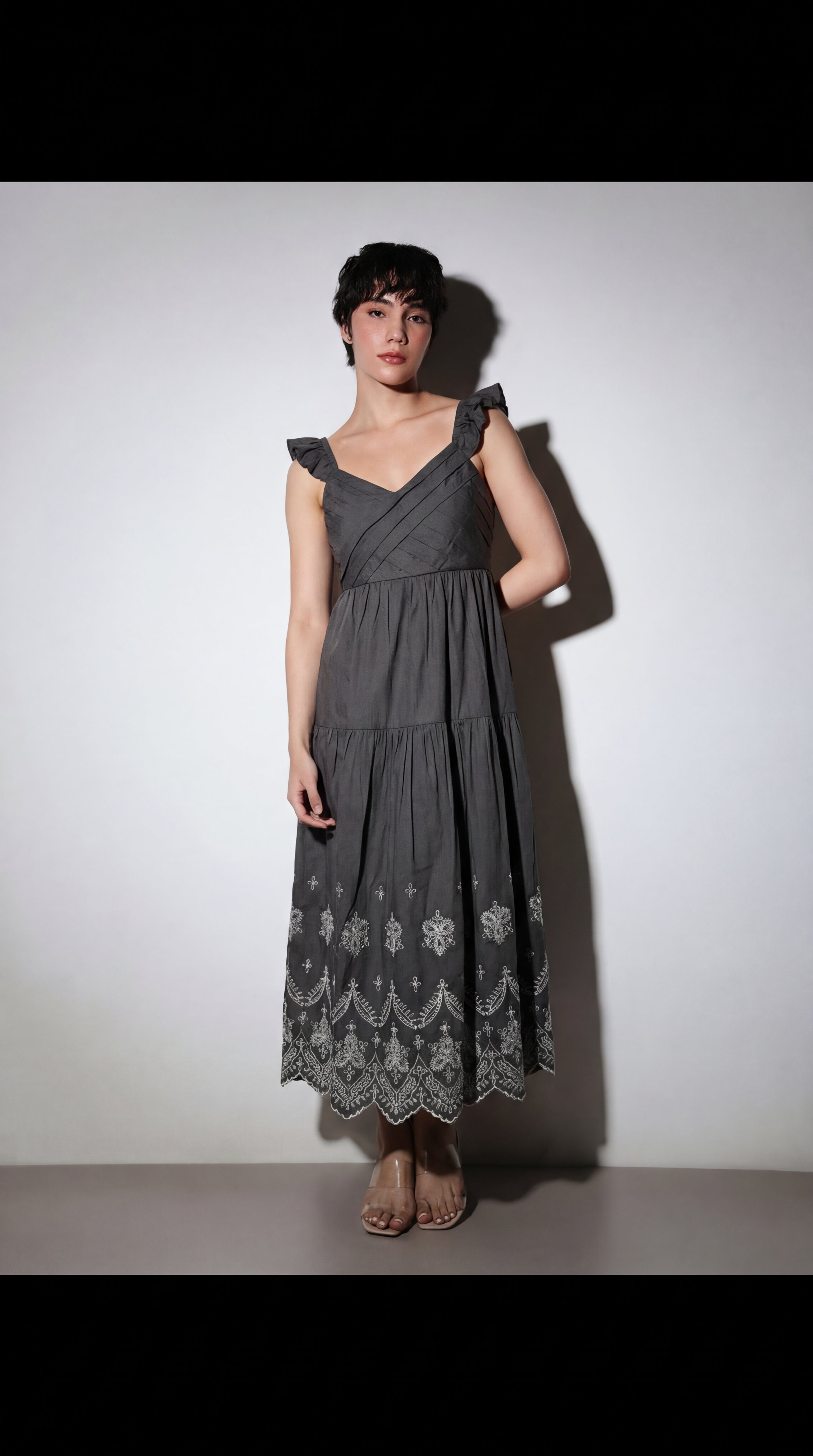 FELRIO Charcoal Black Embroidered Dress