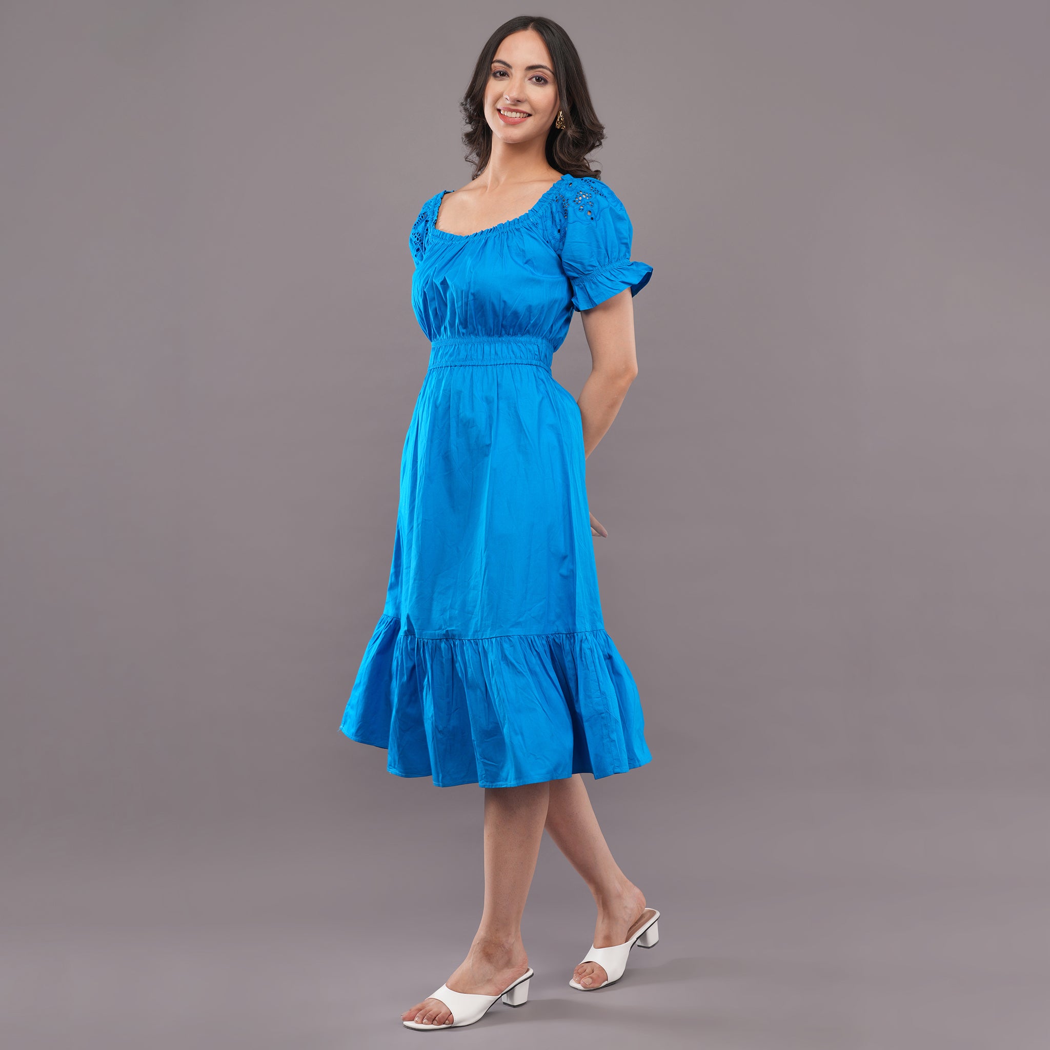 Azure Breeze Smocked Midi Dress – Ocean Blue