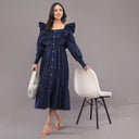 Ruffle Rayon Cotton Midi Dress – Navy Blue