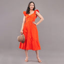 Sunset Bloom Ruffle Sleeve Midi Dress – Fiery Orange