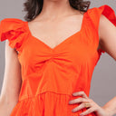 Sunset Bloom Ruffle Sleeve Midi Dress – Fiery Orange