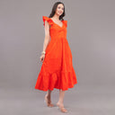 Sunset Bloom Ruffle Sleeve Midi Dress – Fiery Orange