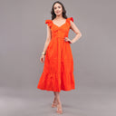 Sunset Bloom Ruffle Sleeve Midi Dress – Fiery Orange