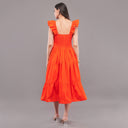 Sunset Bloom Ruffle Sleeve Midi Dress – Fiery Orange