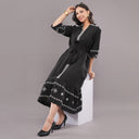 Midnight Threadwork Tie-Up Midi Dress – Jet Black
