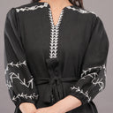 Midnight Threadwork Tie-Up Midi Dress – Jet Black