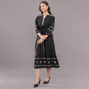 Midnight Threadwork Tie-Up Midi Dress – Jet Black