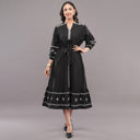 Midnight Threadwork Tie-Up Midi Dress – Jet Black