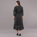 Midnight Threadwork Tie-Up Midi Dress – Jet Black