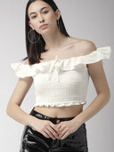 Women White Solid Bardot Crop Pure Cotton