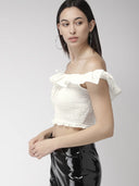 Women White Solid Bardot Crop Pure Cotton