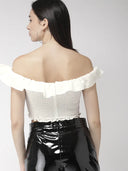 Women White Solid Bardot Crop Pure Cotton