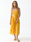 Floral Breeze Cotton Midi Dress - Orange Abstract