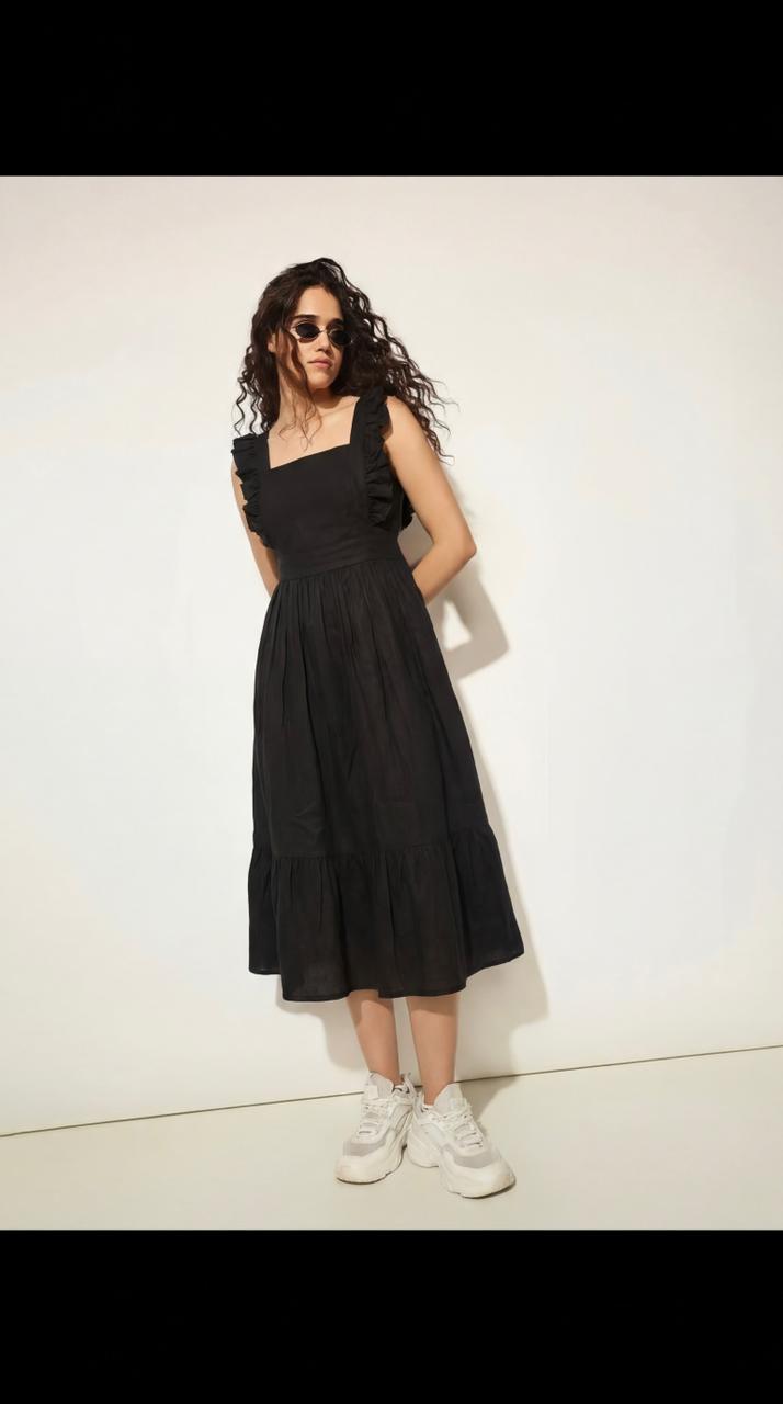 Black Ruffled Strap Tiered Midi Dress