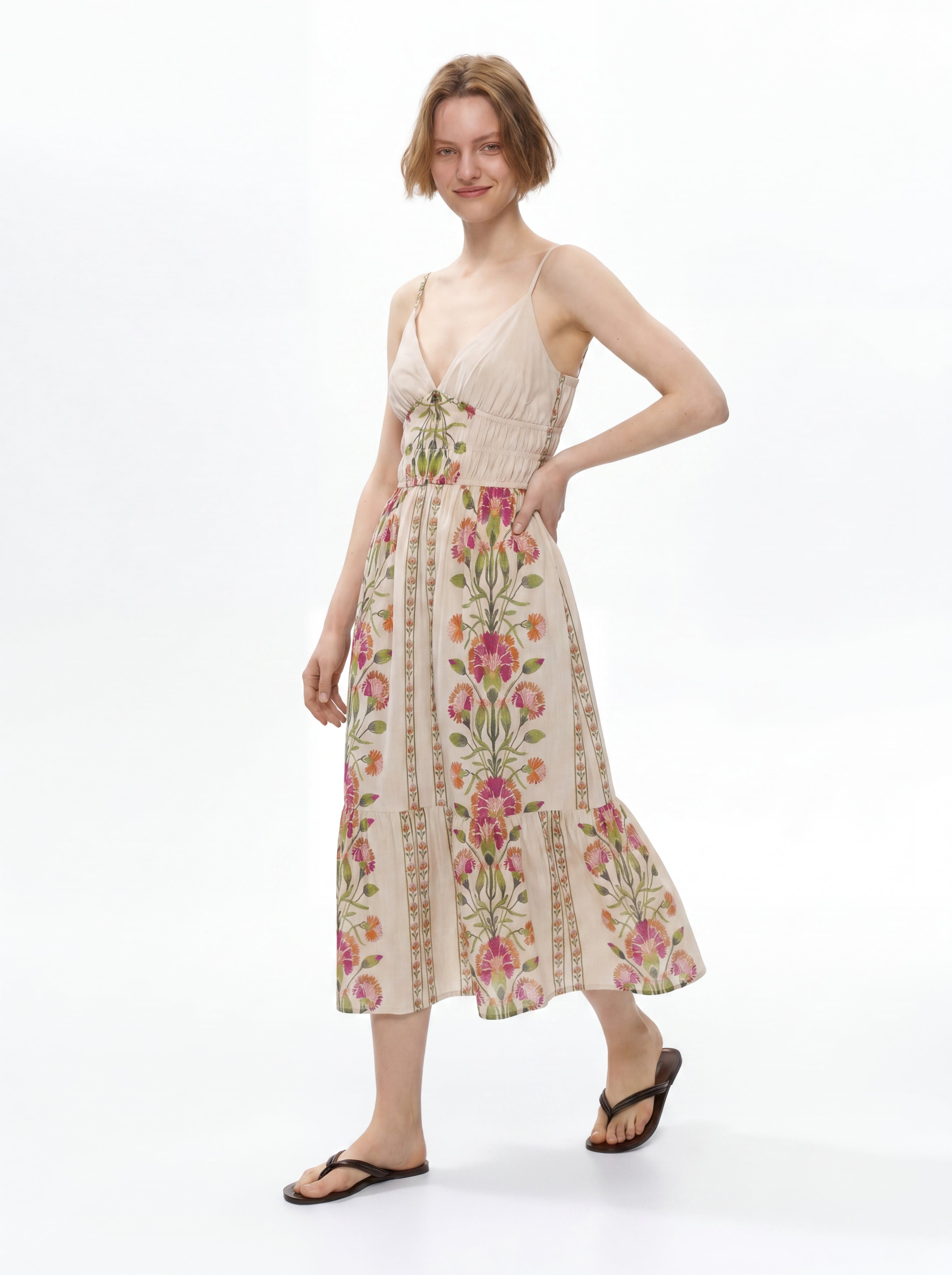 Coastal Bloom Linen Floral Cream Midi Dress