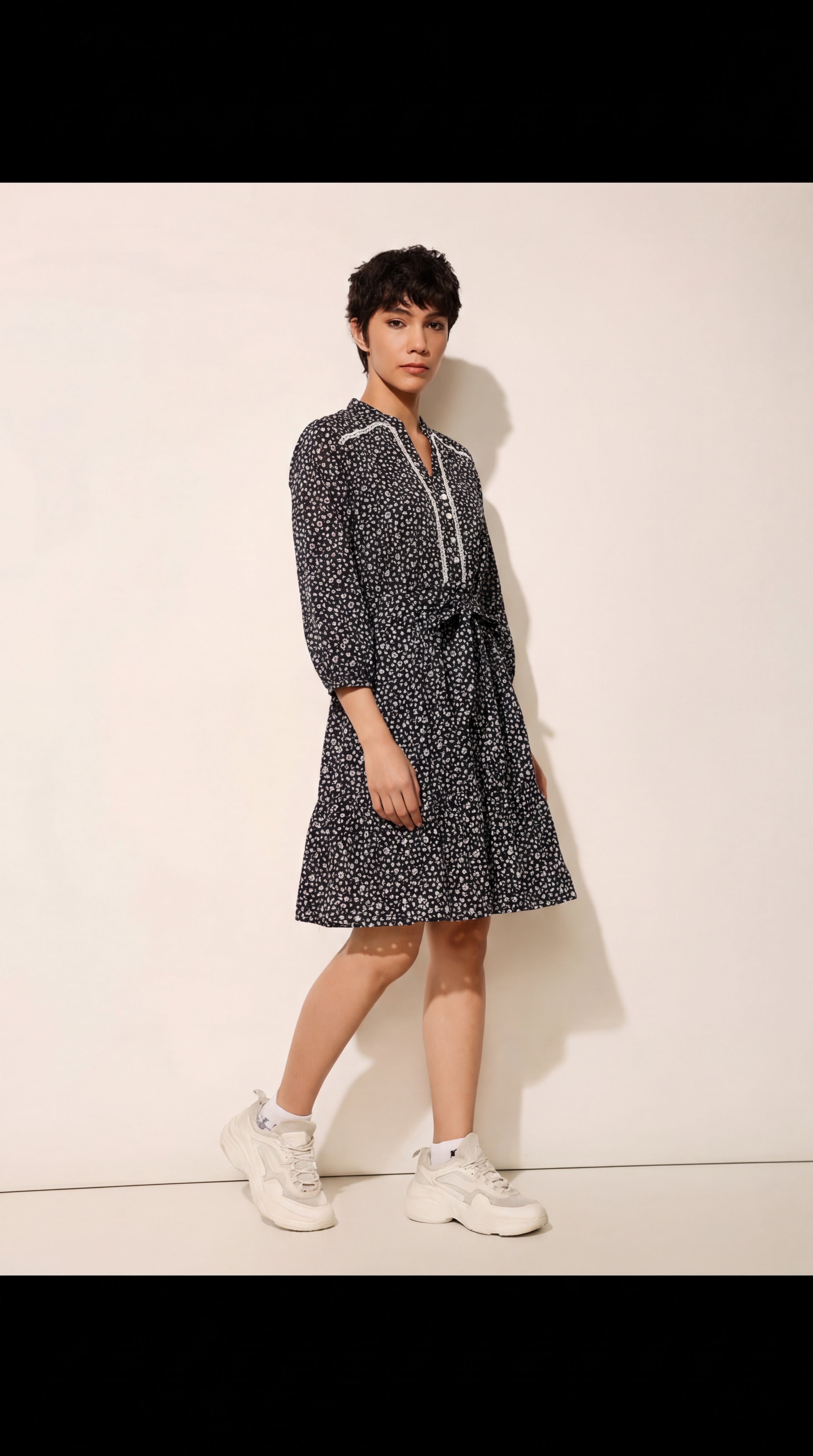 Cream & Brown Bold Floral Tie-Up Dress