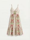 Coastal Bloom Linen Floral Cream Midi Dress