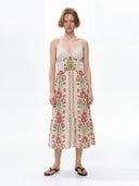 Coastal Bloom Linen Floral Cream Midi Dress