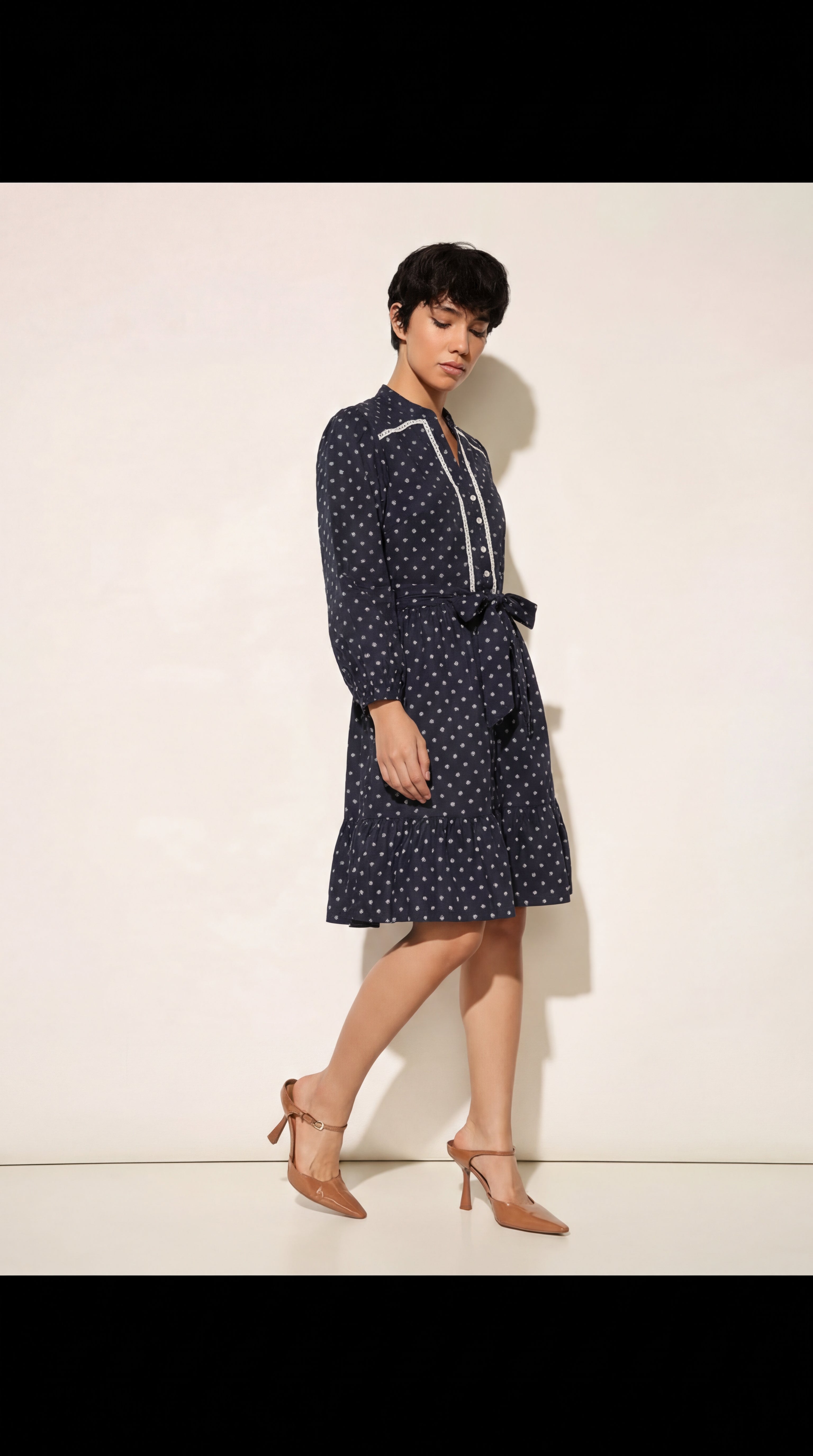 Cream & Brown Bold Floral Tie-Up Dress