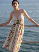 Coastal Bloom Linen Floral Cream Midi Dress